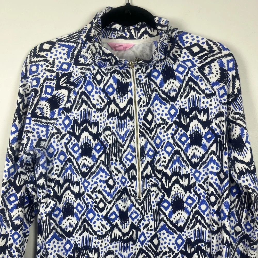 Lilly Pulitzer UPF 50+ Skipper Popover Dress Blue Ikat Oh My Cod Large